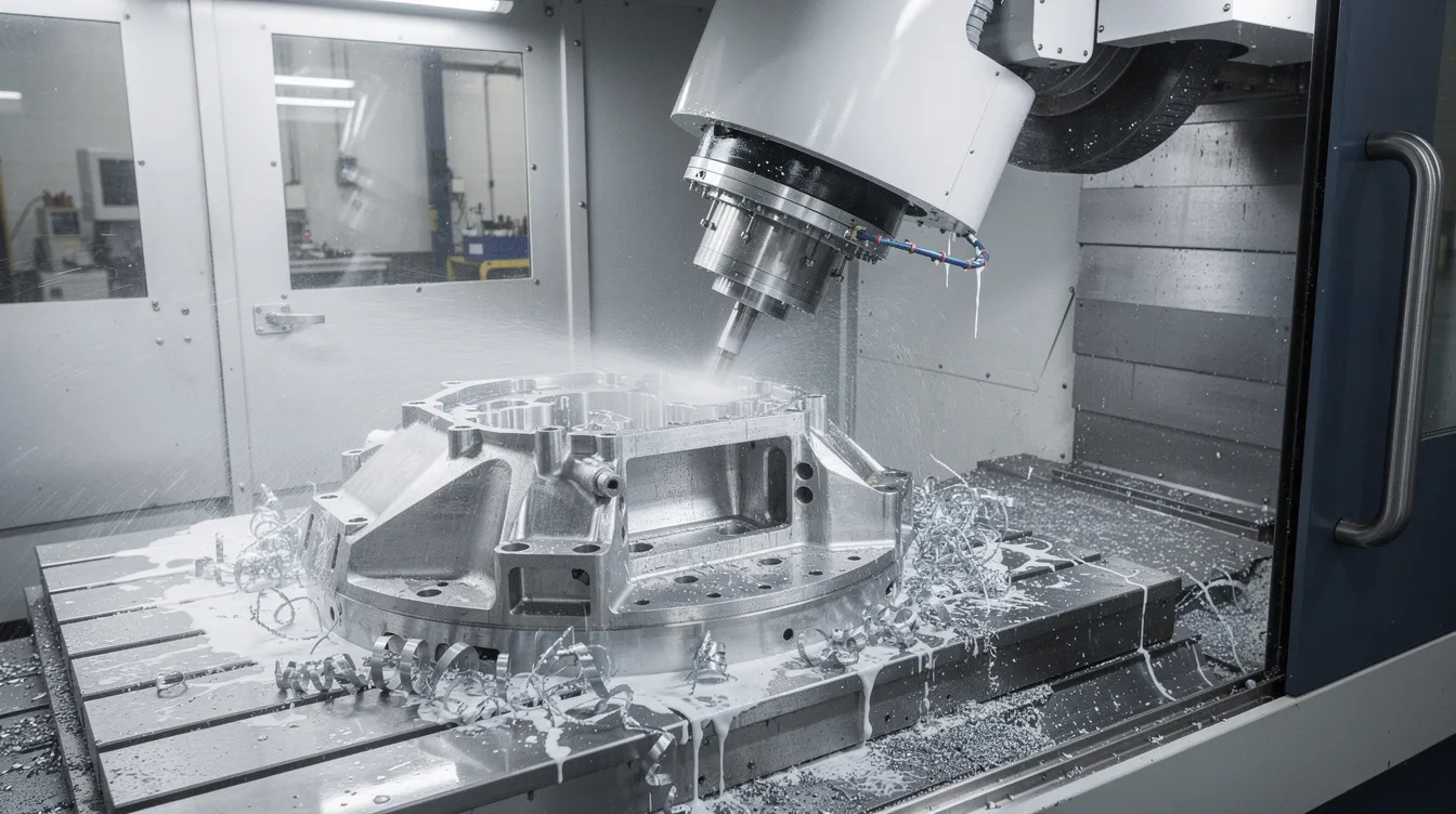 A 5-axis CNC milling machine is actively cutting an aluminum aerospace component, with streams of coolant flowing and metal chips scattered around the work area, showcasing the precision and efficiency of the CNC machining process. This scene illustrates the complexity of manufacturing aerospace parts, highlighting the importance of quality control and material selection in the production process.