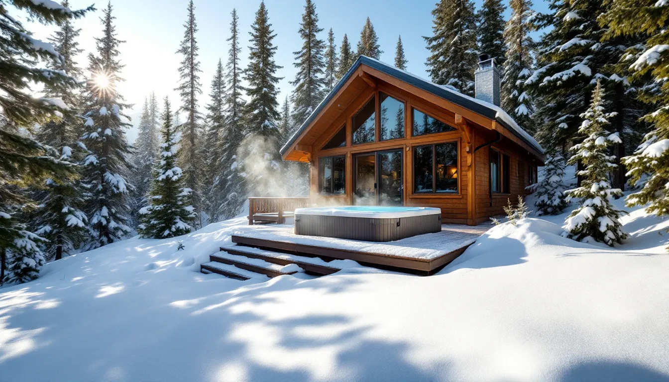 A cozy mountain cabin nestled among snow-covered pine trees features a hot tub on the deck, perfect for relaxation after a day of winter sports. This inviting retreat is an ideal choice for those seeking vacation rentals in Brian Head, Utah, surrounded by stunning natural beauty.