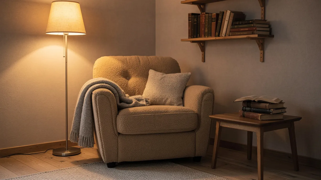 En mysig läshörna med en teddy fåtölj i mjukt tyg, en varm golvlampa som ger ett inbjudande ljus, samt böcker och en ullpläd som skapar en perfekt atmosfär för avkoppling. Denna design ger en känsla av komfort och stil i hemmet.