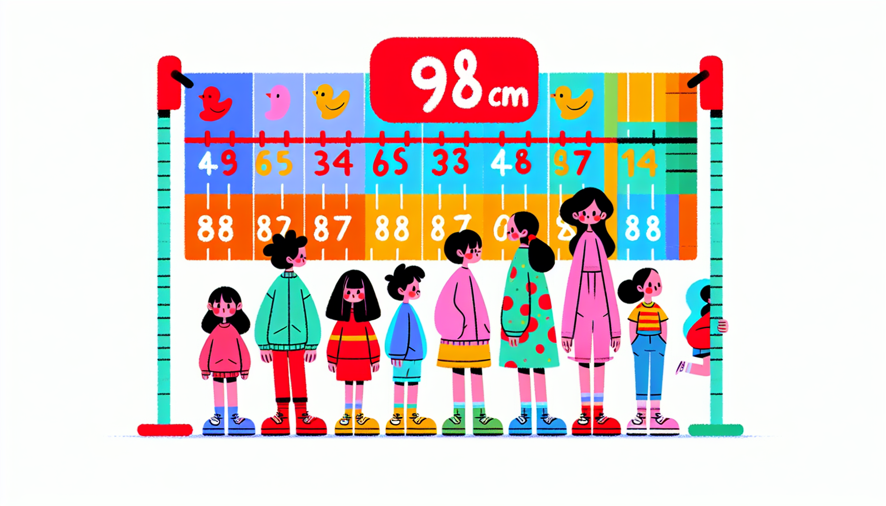 Tabela rozmiarów dziecięcych z zaznaczonym wzrostem 98 cm