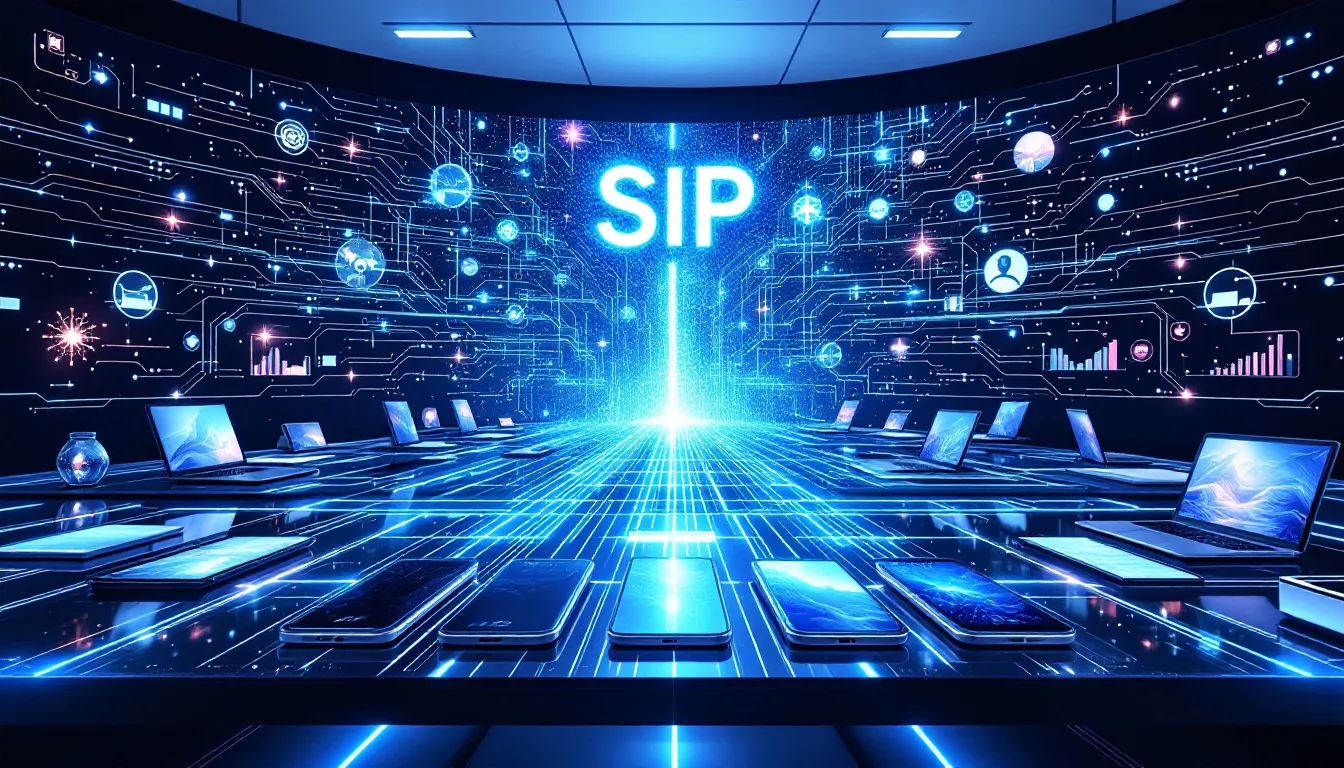 Une illustration de la téléphonie IP et du protocole SIP, montrant des téléphones et un réseau.
