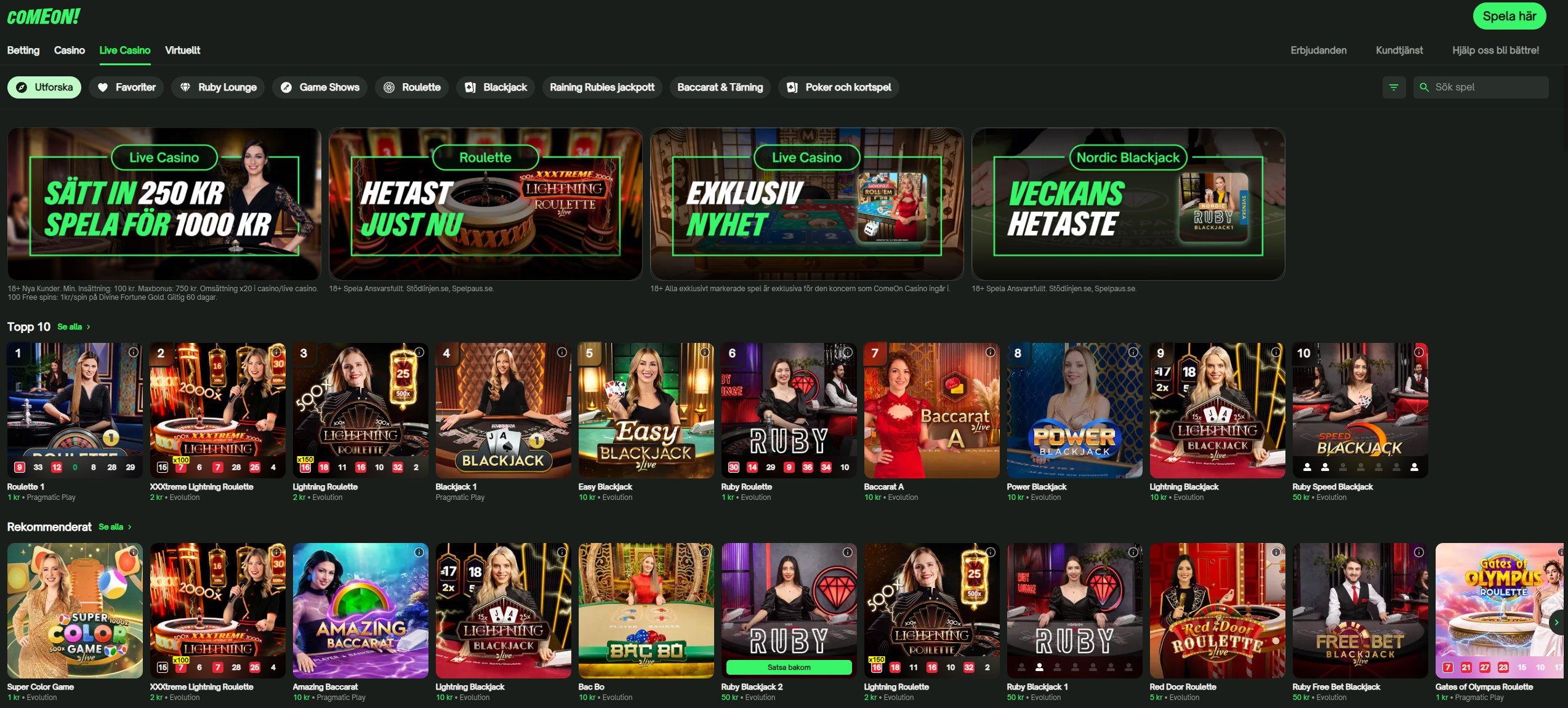 ComeOns live casino med roulette, blackjack och andra livespel.