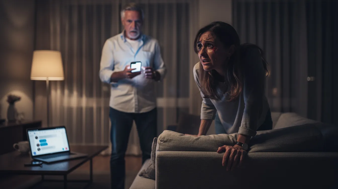The image depicts a distraught wife confronting her husband, who appears guilty and remorseful after being caught cheating. This scene represents the deep pain and emotional turmoil that often accompanies betrayal trauma, highlighting the importance of seeking support and beginning the healing journey towards emotional well-being and rebuilding trust.