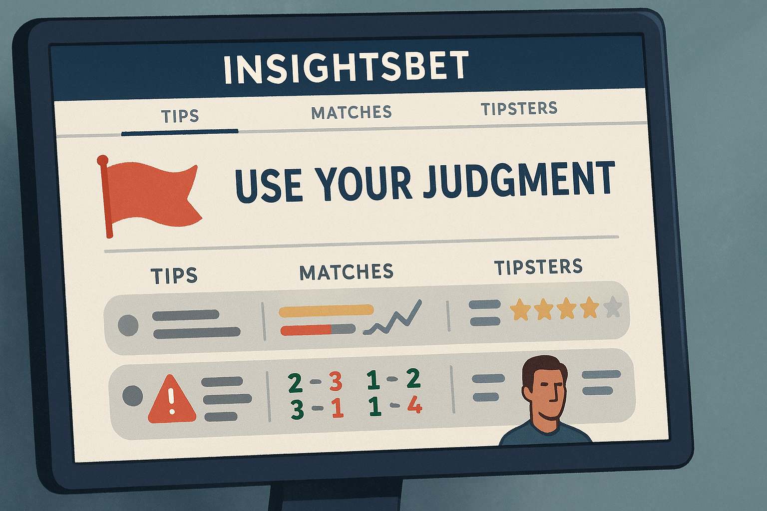 InsightsBet on the platform interface showing red flag warning, betting tips, tipster ratings, and user guidance to use judgment