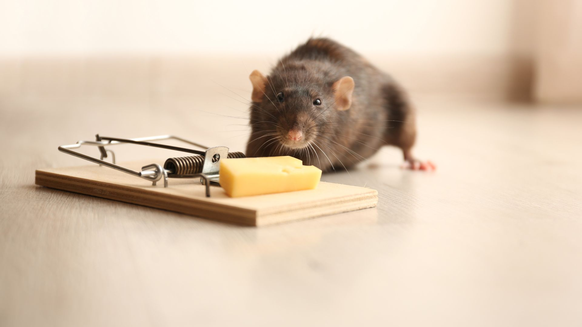 An image of a rat approaching a cheese-baited snap trap.