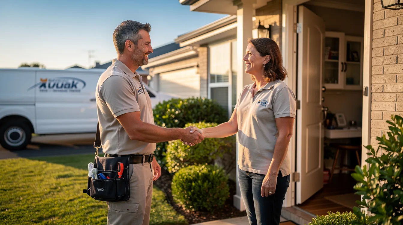 A local service professional is shaking hands with a homeowner at their front door, symbolizing a successful collaboration and trust in home services. This interaction highlights the importance of understanding user intent and building relationships, which can also be applied to effective SEO strategies for improving search engine rankings.
