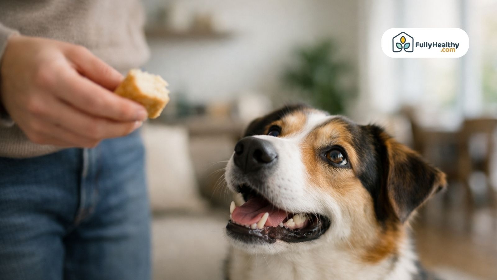 Dog looking up at person holding small piece of bread