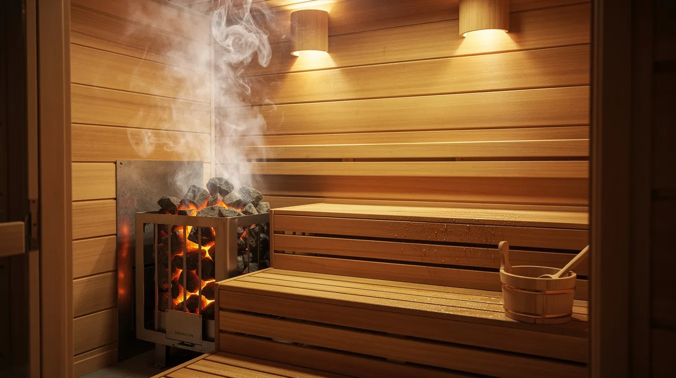 The image depicts a warm and inviting interior of a traditional sauna, with steam rising gently from heated stones, creating a relaxing atmosphere. The wooden walls and benches enhance the authentic sauna experience, reminiscent of a wood burning sauna stove, while the soft glow adds to the serene ambiance.
