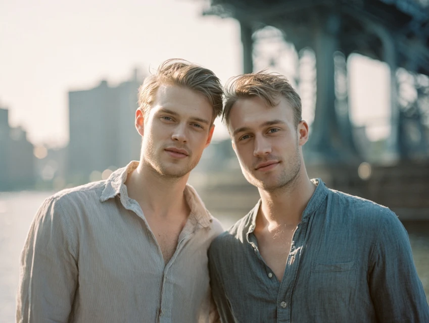 Younger gay couple standing close together near the Williamsburg Bridge in Brooklyn, showing romantic connection, emotional ease, and a supportive partnership.