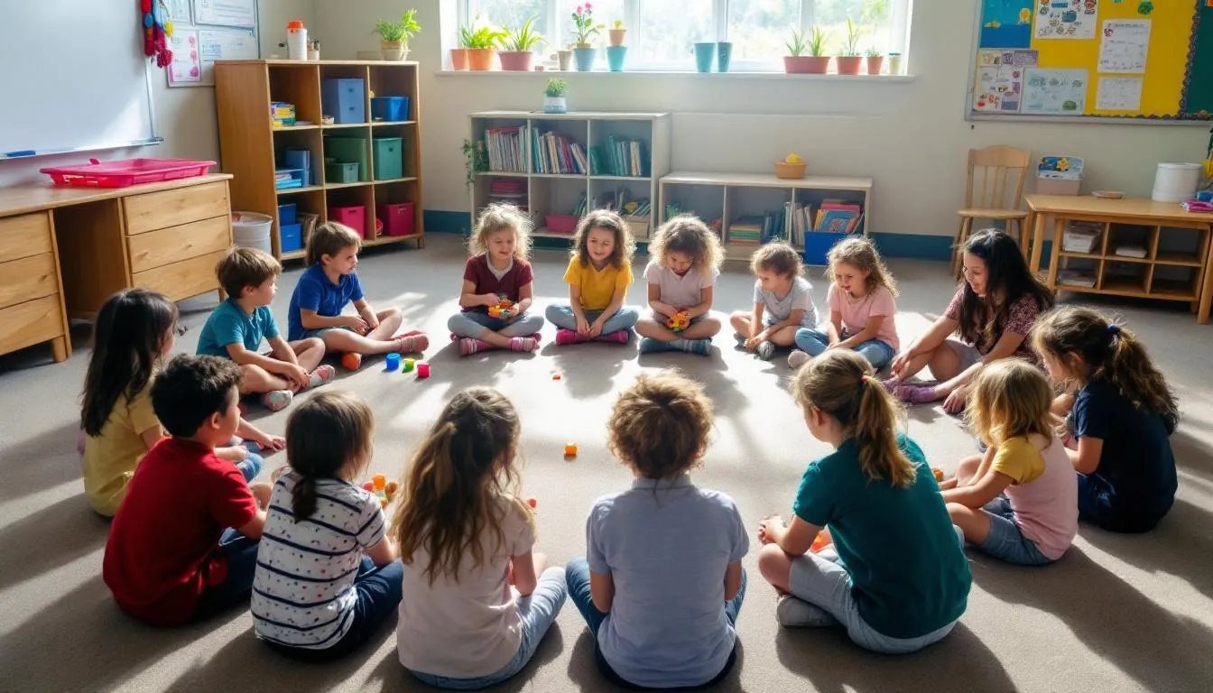 In einem Schul-Sitzkreis sitzen Kinder zusammen und spielen verschiedene Kreisspiele, während sie gemeinsam lachen und sich austauschen. Die Gruppe ist in der Mitte des Kreises aktiv und zeigt Freude an den kreativen Spielideen, die ihre Kommunikation und Teamwork fördern.