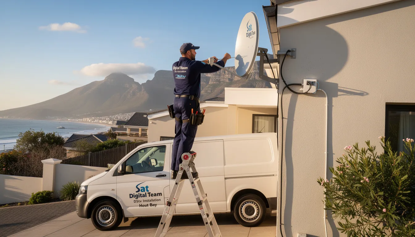 The image depicts a skilled DStv installer from the Sat Digital Team providing professional DStv installation services in Hout Bay. The technician is focused on aligning a satellite dish to ensure optimal signal quality for the customer’s entertainment needs.