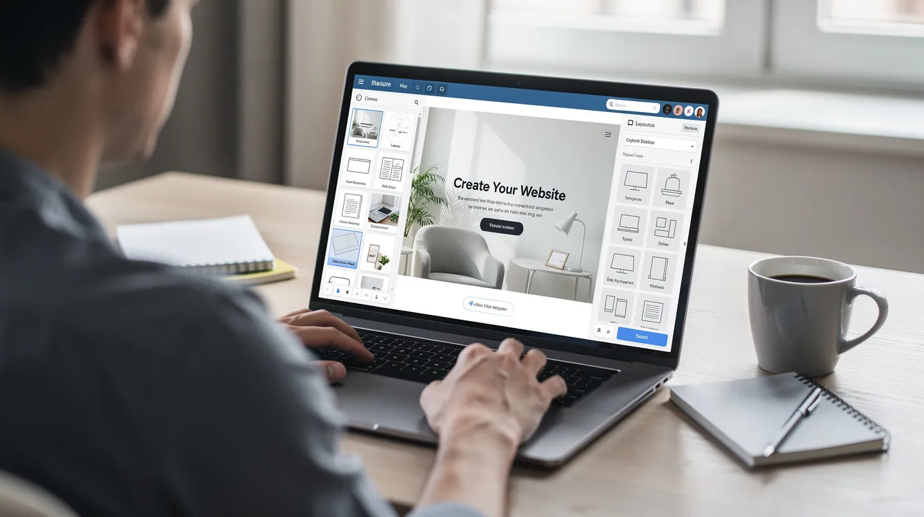 A person is sitting at a desk, focused on their laptop displaying a website builder interface, likely working on optimizing their Squarespace site. The screen shows various settings and options related to SEO efforts, such as page titles and meta descriptions, indicating they are enhancing their site's visibility in search engine results.