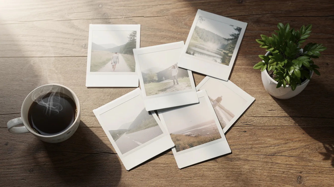 A flat lay of several Polaroid prints showcasing instant photos is arranged on a wooden table, accompanied by a steaming cup of coffee and a small green plant. The scene captures the vintage charm of Polaroid photography, highlighting the unique texture and color of the prints in natural light.