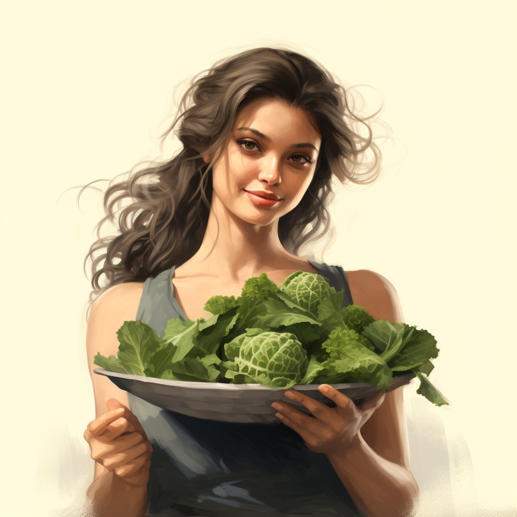 A person holding a plate of green leafy vegetables.