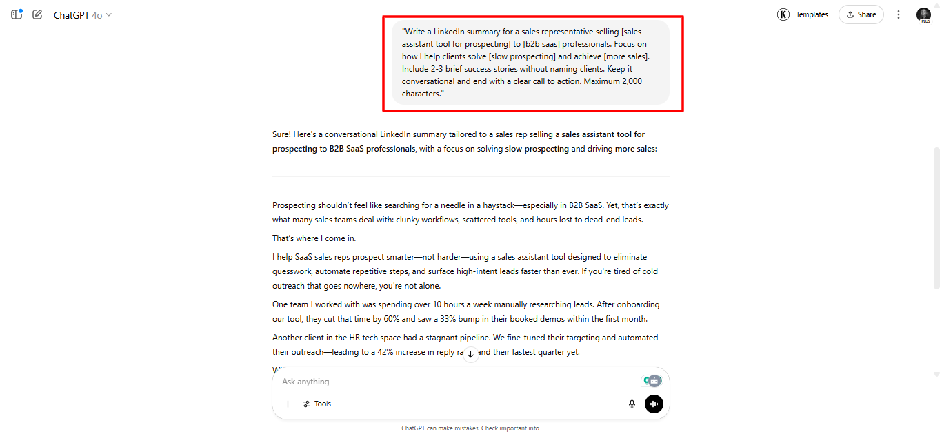 ChatGPT LinkedIn summary example