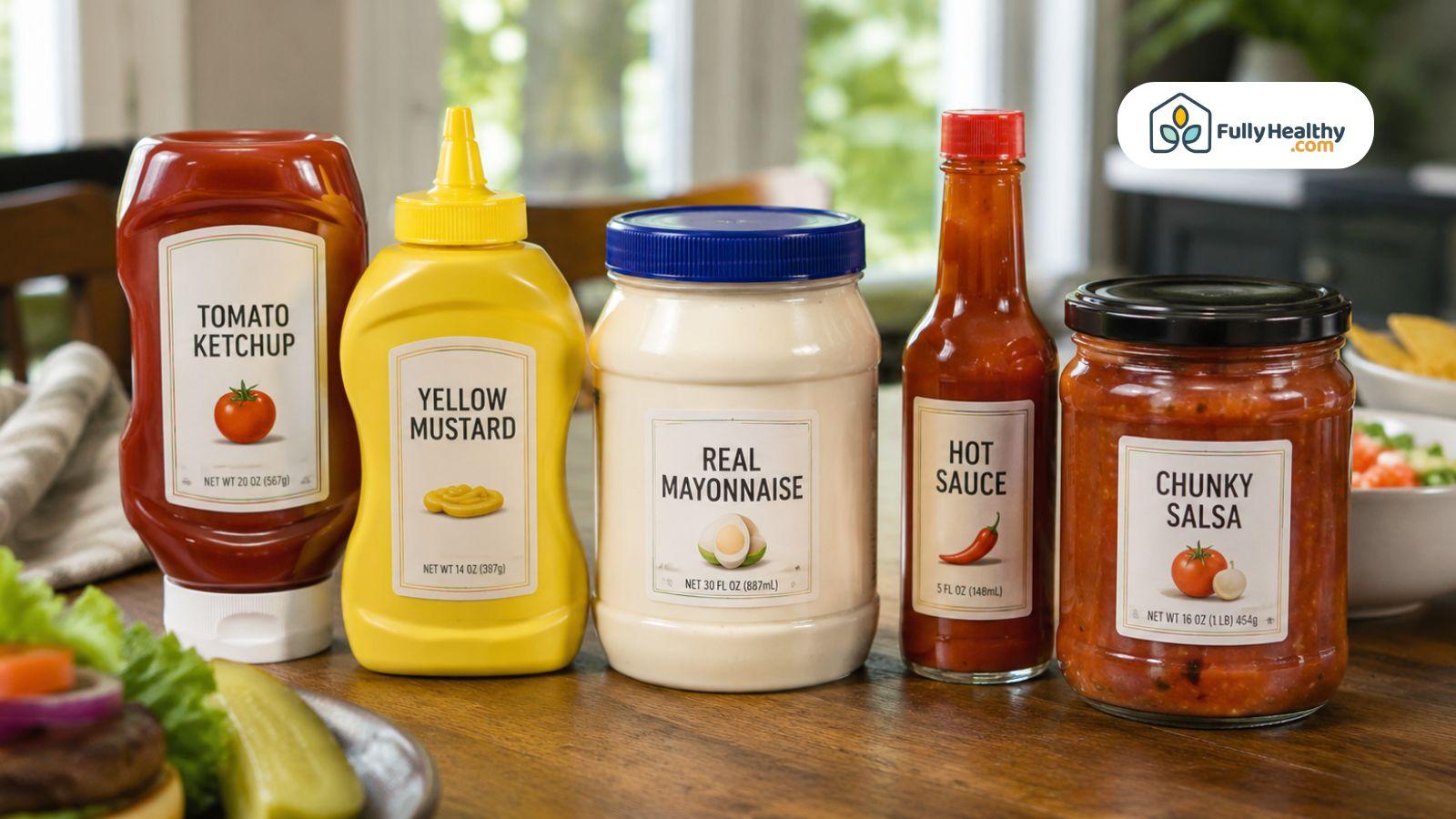 Tomato ketchup, mustard, mayonnaise, hot sauce, and salsa displayed on a dining table with food and condiments.