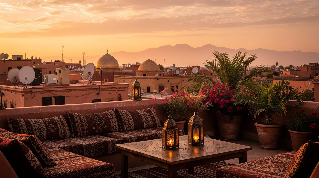The image depicts a serene rooftop terrace in Marrakech at sunset, offering a panoramic view of the warm city rooftops and the distant High Atlas Mountains. This enchanting scene captures the essence of Morocco's rich culture and history, making it a perfect spot for travelers looking to explore this UNESCO World Heritage site.