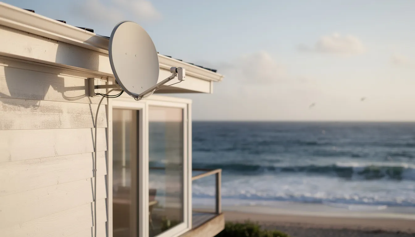 A satellite dish is mounted on the roof of a coastal home, with a clear view of the ocean in the background. This image highlights the importance of professional DSTV installation services in St Helena Bay, ensuring optimal reception for viewers.