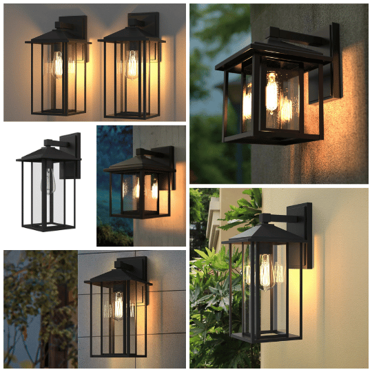 Modern black coach wall lights with clear glass panels and geometric frames, shown in various outdoor settings on walls and facades, providing stylish and functional illumination for home exteriors.