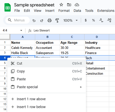 A screenshot of a Google Sheets spreadsheet with the right-click menu open.