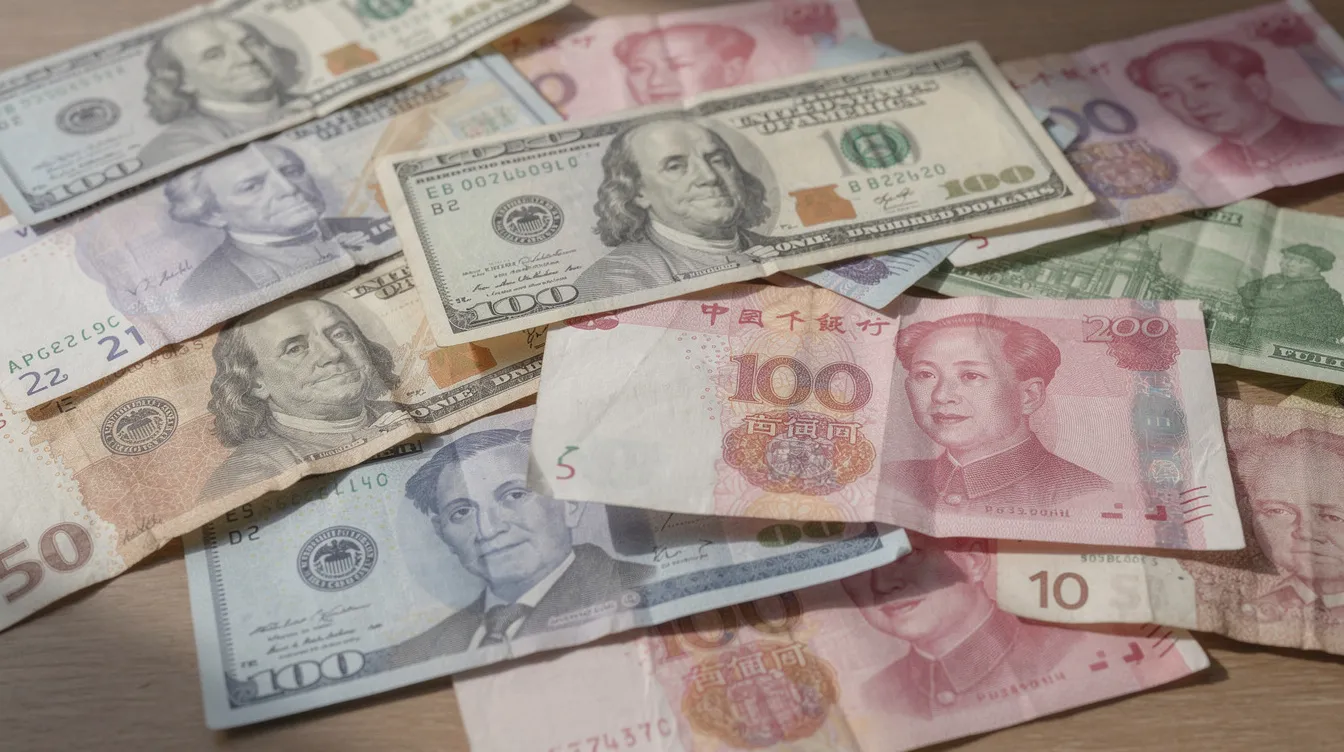 The image features a variety of international currency banknotes spread across a table, showcasing different denominations and designs. This visual representation highlights the concept of international money transfers and the diverse currencies involved in global financial transactions.