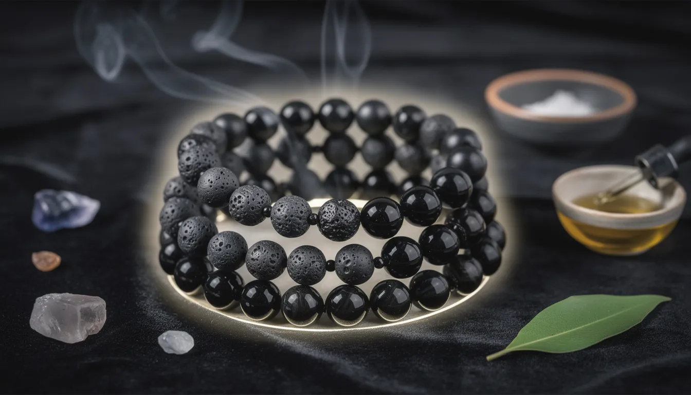 The image features a stylish black bead necklace made of various materials, including lava stone and obsidian, showcasing its elegant design and deep black color. This necklace symbolizes protection and resilience, making it a meaningful accessory for grounding and emotional balance.