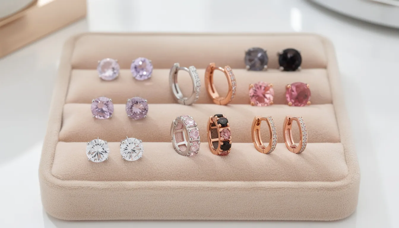 The image showcases a variety of earring styles, including classic stud earrings, contemporary hoops, and huggies, all featuring vibrant cubic zirconia stones in colors like clear, lavender, pink, and black. This diverse jewellery collection is designed to suit different personal tastes and occasions, adding sparkle and personality to any look.