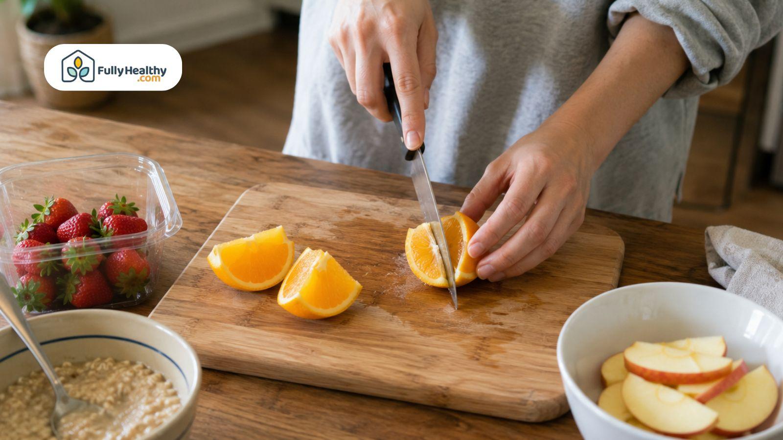 Person slicing a fresh orange on a cutting board beside strawberries, apples, and oatmeal.