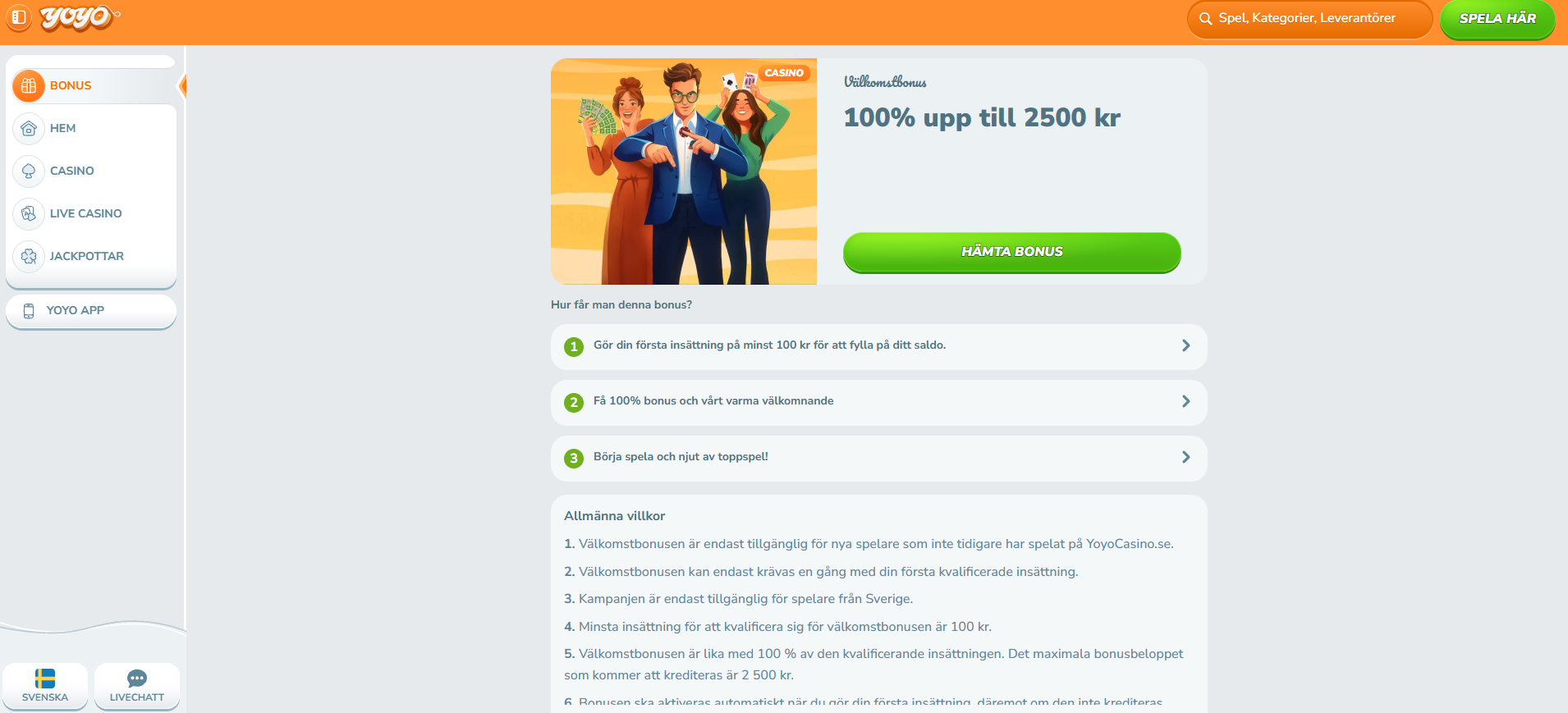 YoYo Casinos bonussida med välkomstbonus på 100 % upp till 2 500 kr.