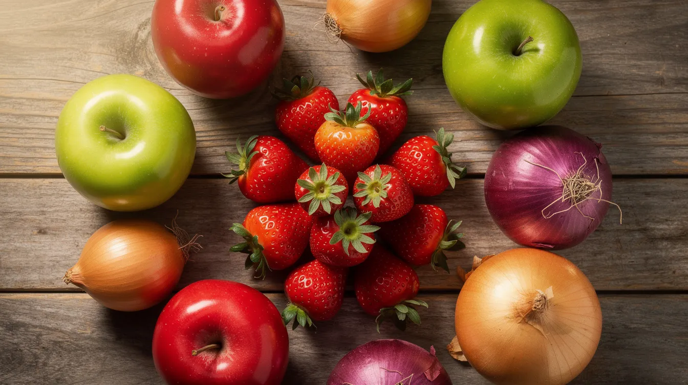 The image features a vibrant arrangement of fresh strawberries, apples, and onions artfully displayed on a rustic wooden surface. This colorful assortment symbolizes the importance of healthy foods in promoting healthy aging and reducing inflammation, which can help eliminate senescent cells and support overall cellular health.