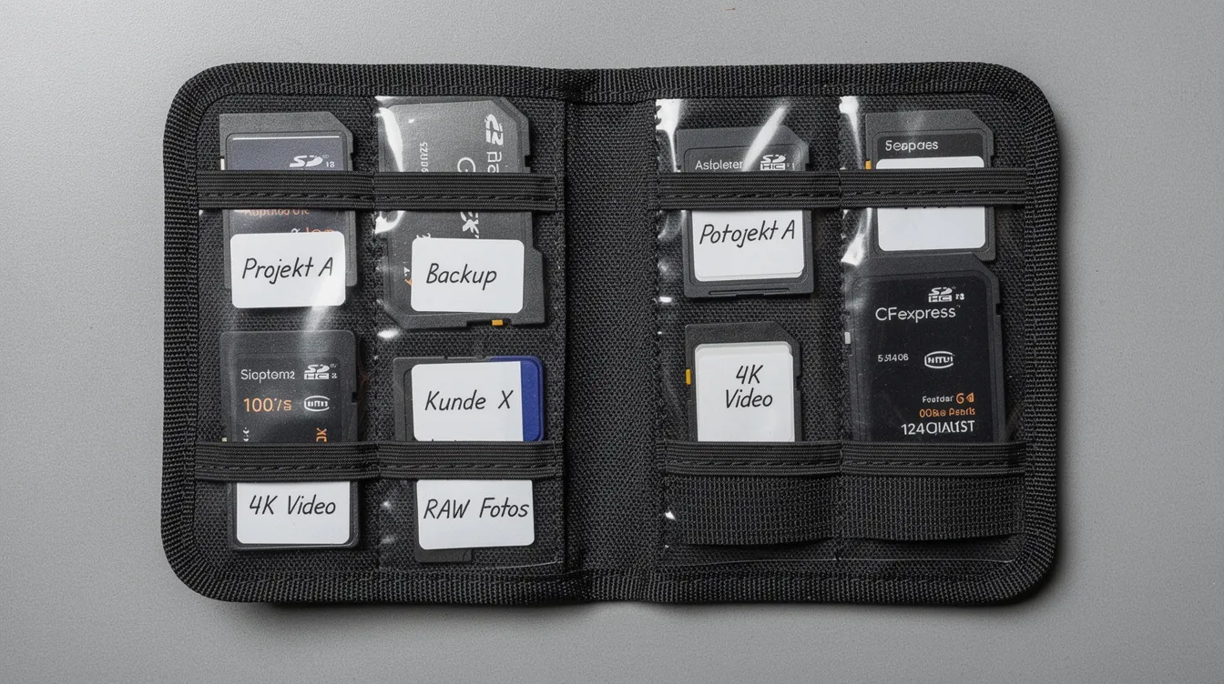 Die offene Kartenmappe aus Nylon zeigt mehrere beschriftete SD- und CFexpress-Speicherkarten, die ordentlich sortiert angeordnet sind. Diese Karten sind für Fotografen und Videografen von Bedeutung, da sie verschiedene Speicherkapazitäten und Geschwindigkeiten bieten, um Daten von Digitalkameras effizient zu speichern.