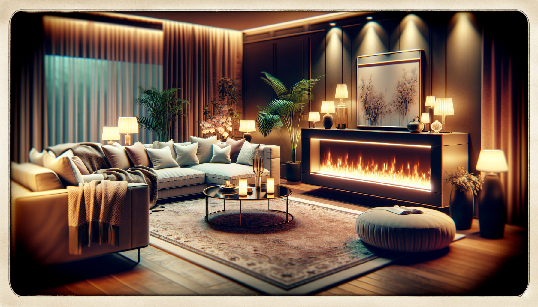 A cozy living room ambiance created by an electric fireplace.