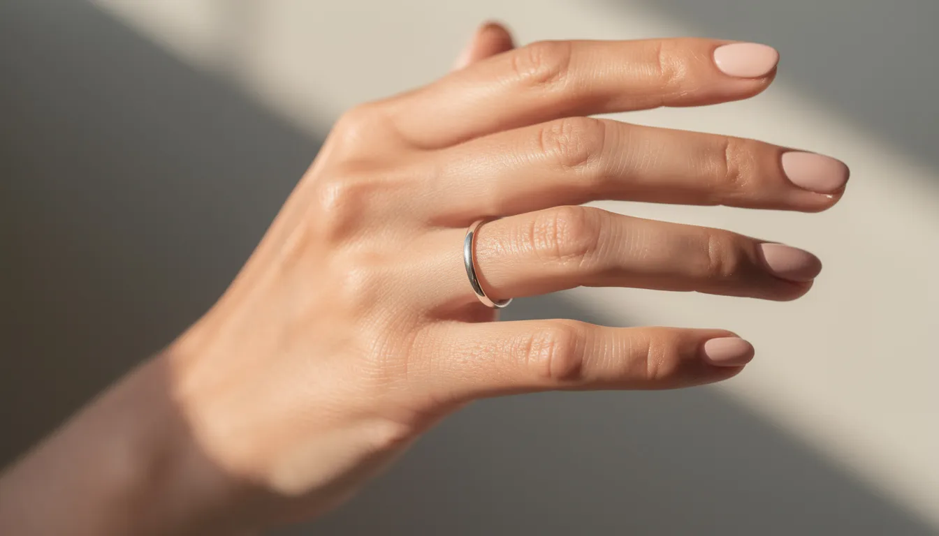 A close-up of a woman's hand gracefully displaying a delicate silver ring, illuminated by natural daylight against a soft, neutral background, emphasizing the ring's intricate design and shine. This image can enhance content quality and optimize your content for search engines by providing relevant images that attract the target audience.