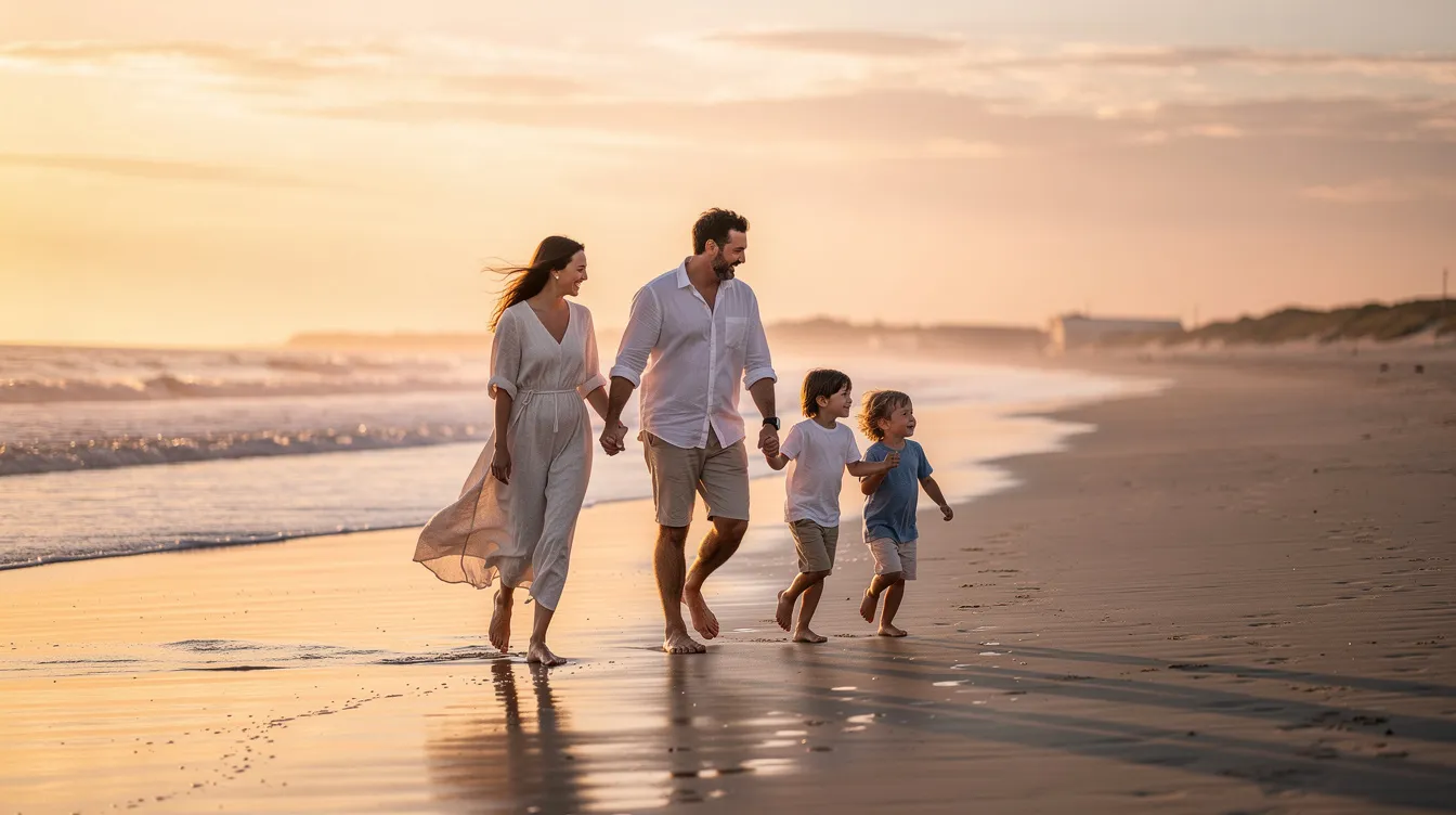 A family of four, including very young children, strolls along a serene beach, enjoying the peaceful setting and the gentle sound of waves. This scene reflects the importance of family support in promoting mental health and coping skills, essential elements often addressed in psychosocial therapy and interventions.