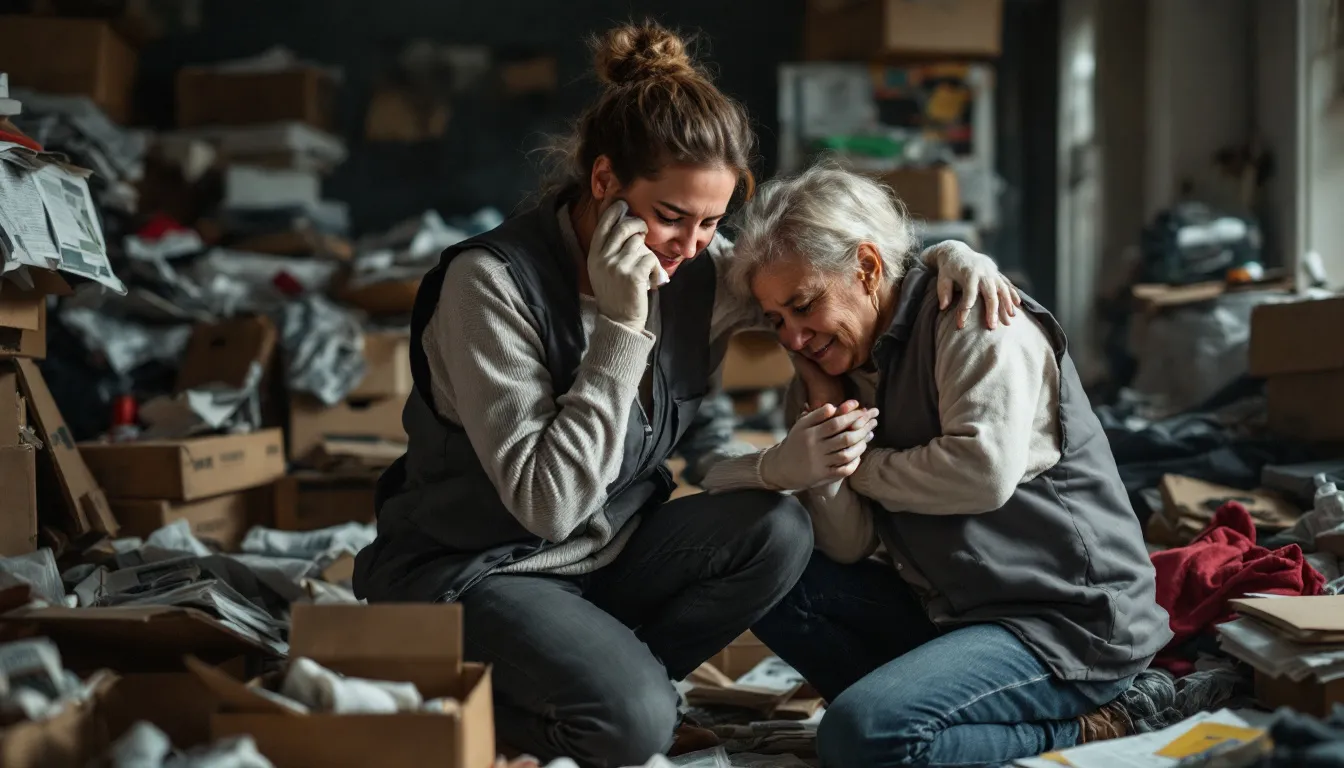 A compassionate interaction between a cleanup team and a family member of a hoarder.