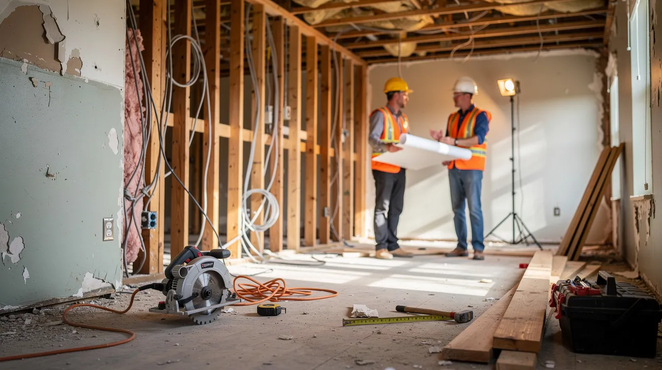 The image shows a house undergoing renovation, with exposed framing and various tools scattered on the floor, while workers are busy in the background. This scene reflects the process of fix and flip projects, often financed through hard money loans for investment properties.