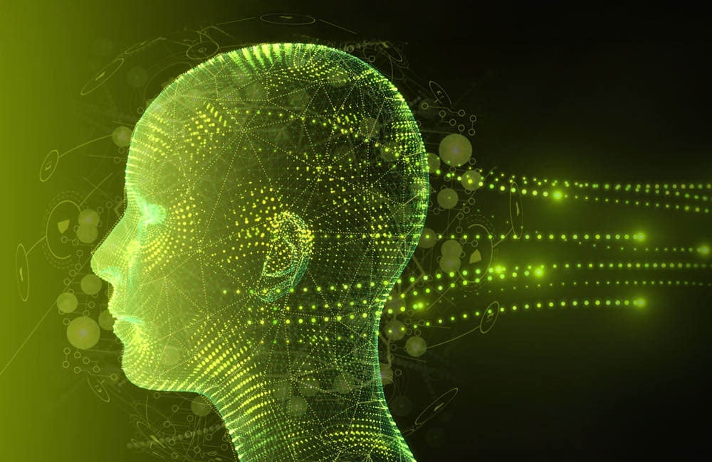 An illustration showing an artificial intelligence head with digital images and numbers. 