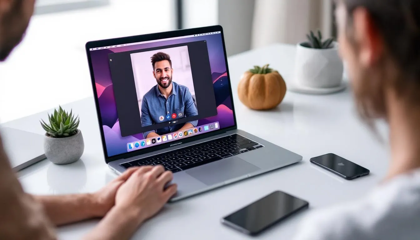 Un utilisateur passant un appel sur son MacBook avec son iPhone à proximité, illustrant l'intégration des appareils Apple.