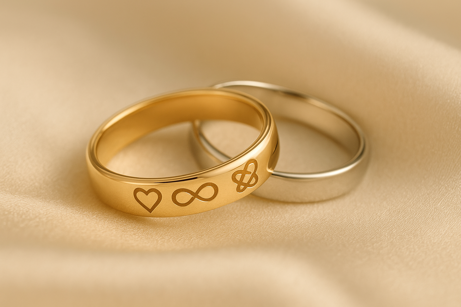 Vestuviniai žiedai su graviruotais simboliais – širdimi, begalybės ženklu ir amžinu mazgu.