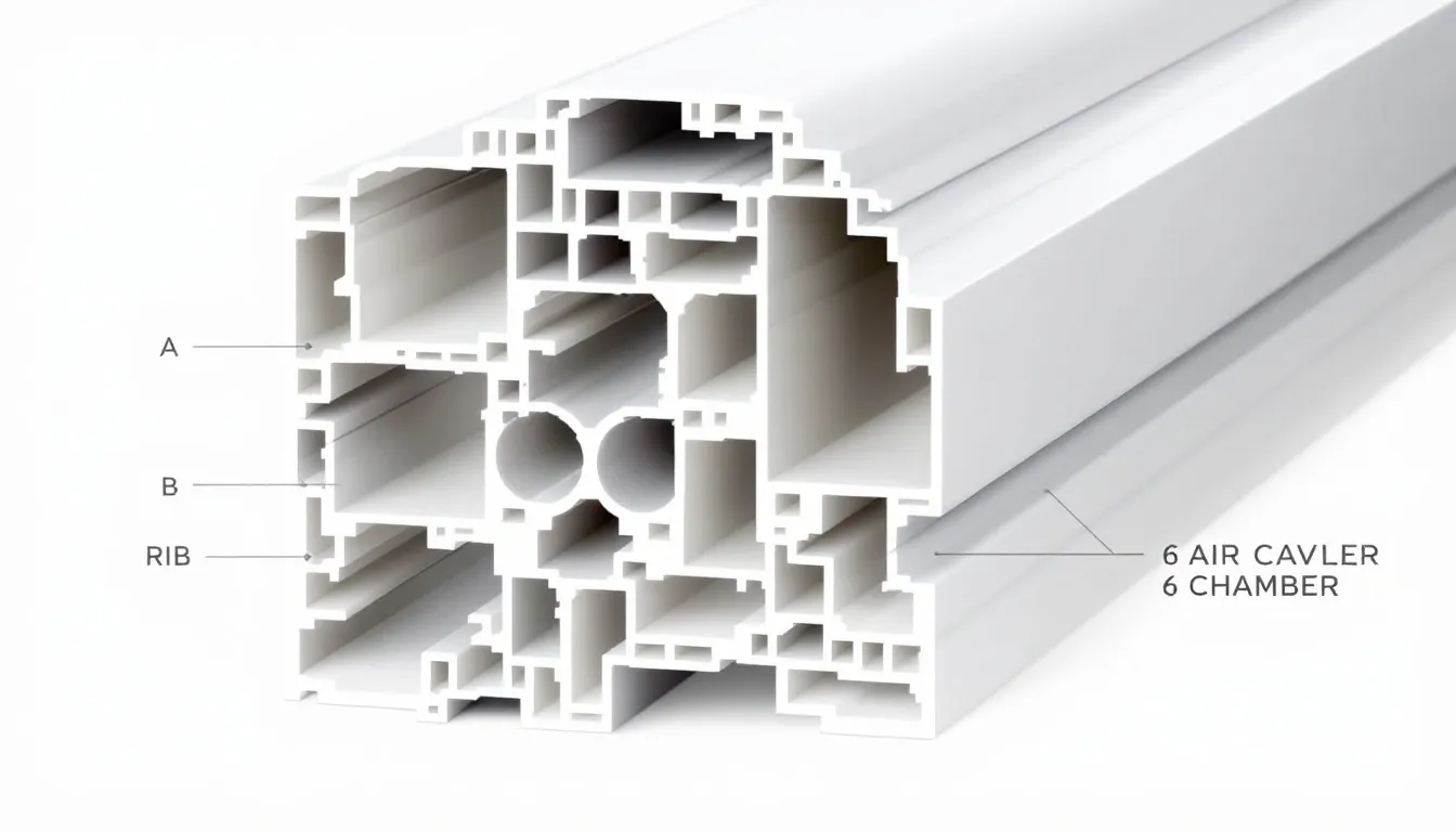 Een gedetailleerd overzicht van de interne constructie van een 6-kamer kozijnprofiel, zoals het Aluplast Ideal 7000, toont de hoogwaardige materialen en energie-efficiëntie die zorgen voor optimale thermische isolatie en maximale bescherming tegen ongewenste indringers. Dit profiel is ontworpen met geavanceerde vergrendelingssystemen en biedt een breed scala aan kleurfolies, ideaal voor de Nederlandse markt.