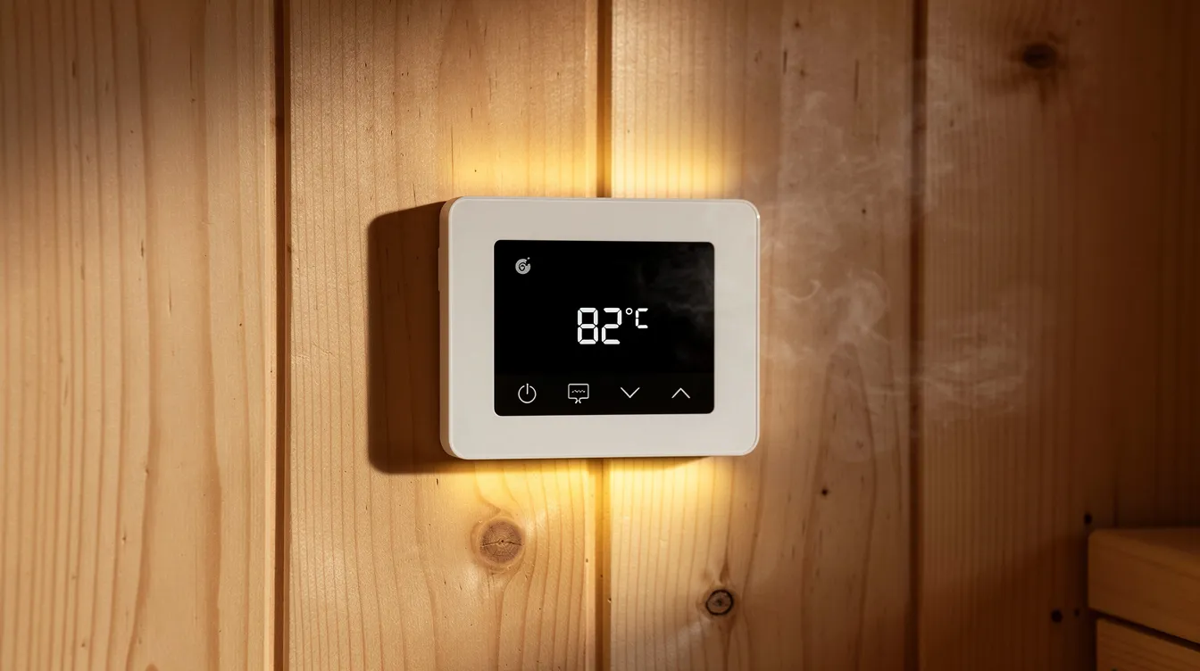 The image shows a smart thermostat controller mounted on the wall of a sauna, designed to optimize energy efficiency and monitor electricity usage during sauna sessions. This device helps manage the sauna's energy consumption, contributing to lower electricity costs and an enhanced sauna experience.