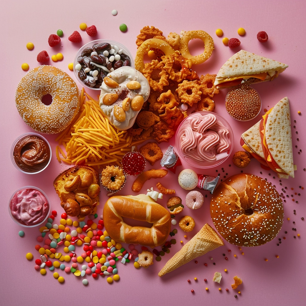 unhealthy food, fatty food, sugar, doughnut.