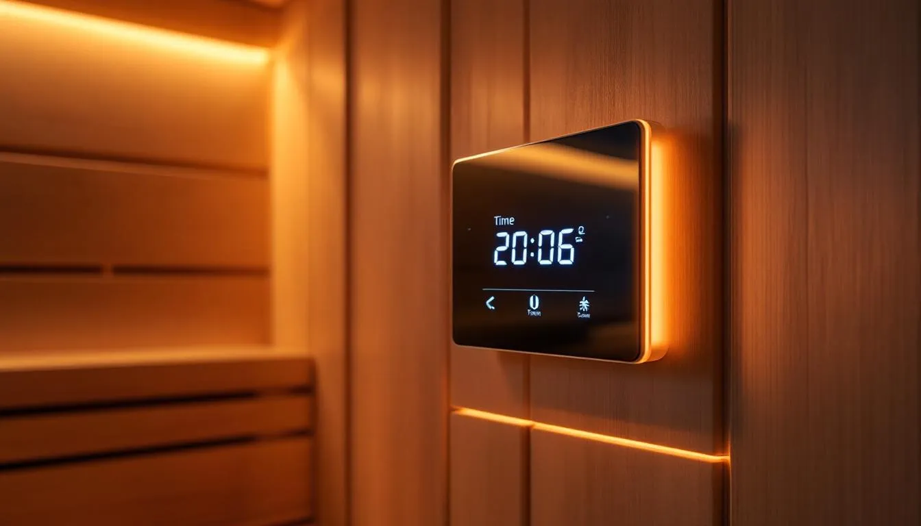 Control panels and lighting in a sauna for a comfortable atmosphere.