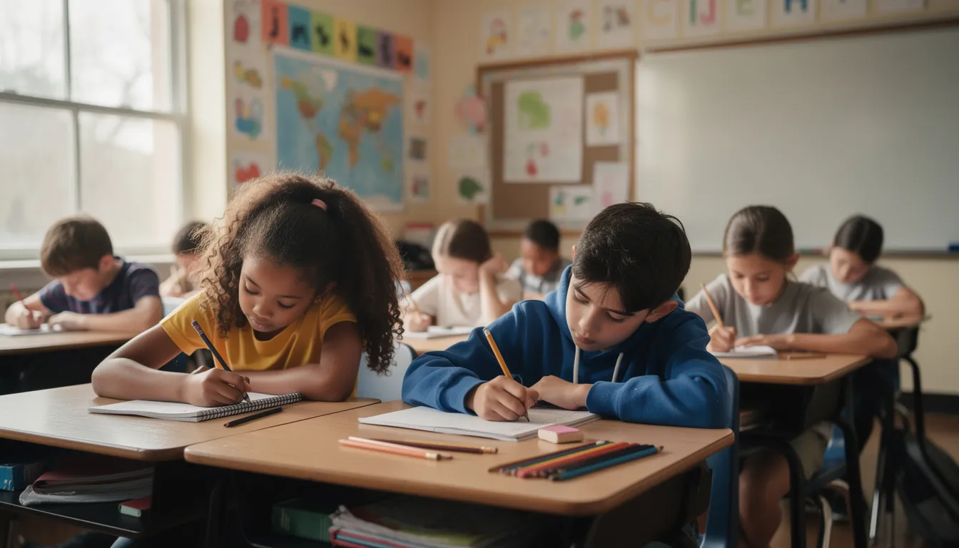 In einem Klassenzimmer sitzen mehrere Schülerinnen und Schüler, die konzentriert an ihren Aufsätzen arbeiten. Sie nutzen verschiedene Methoden des kreativen Schreibens, um ihre Gedanken und Ideen in Texte zu verwandeln, während ihre Lehrkräfte ihnen Anregungen und Unterstützung bieten.