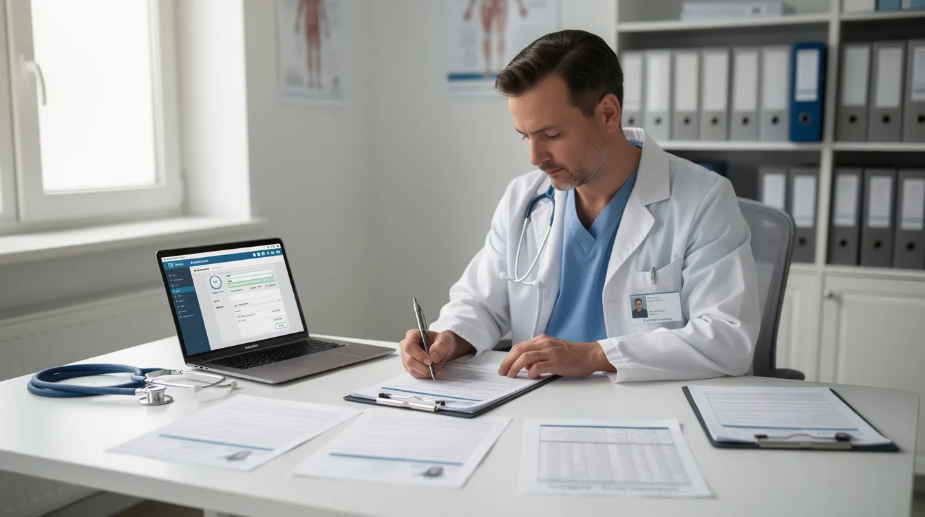 A medical professional is focused on reviewing patient documentation, likely assessing medical records to determine the impact of pre-existing conditions on a workers compensation claim related to a workplace injury. The scene emphasizes the importance of accurate medical documentation in securing fair compensation for injured workers under Colorado law.