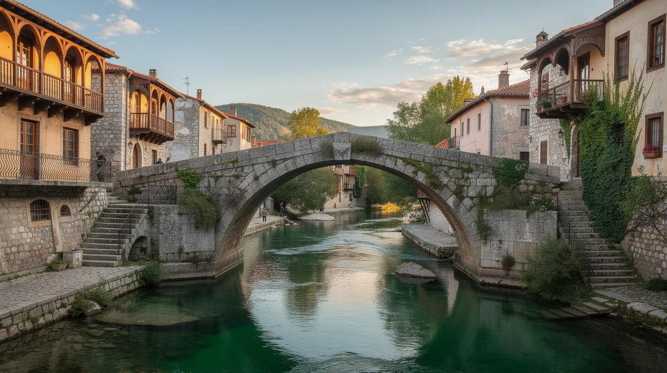 A imagem mostra uma antiga ponte de pedra sobre um rio verde-esmeralda, cercada por arquitetura histórica que remete à rica cultura da Croácia. Ao fundo, pode-se ver montanhas e um céu claro, criando uma paisagem deslumbrante que destaca a beleza natural e a história da região.