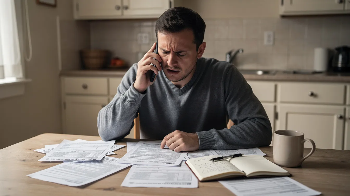 A concerned car accident victim is seated at a kitchen table, speaking on the phone with an insurance adjuster while reviewing accident documents, including papers and insurance forms. The warm, neutral lighting enhances the candid documentary style of the scene, highlighting the emotional weight of navigating personal injury claims and the legal process following a serious injury.