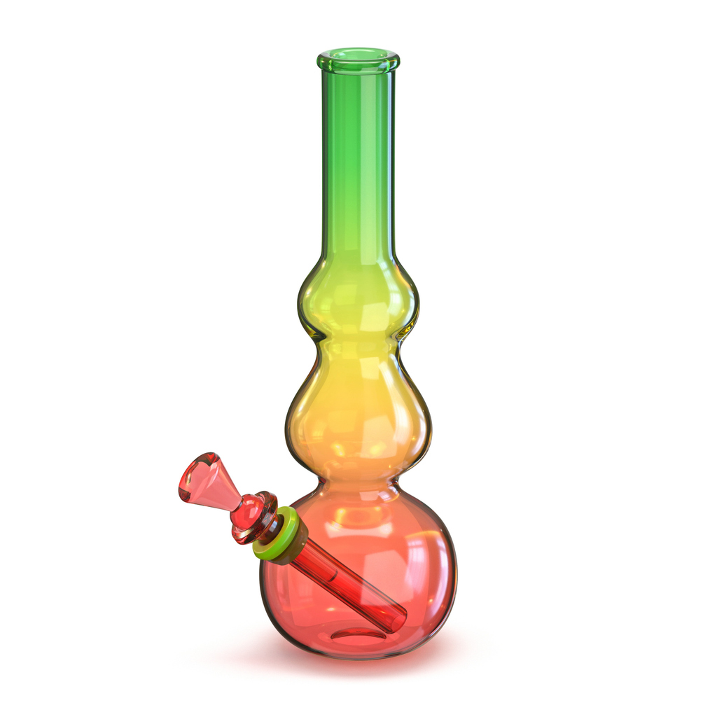 A collection of colorful acrylic bongs for smoking cannabis