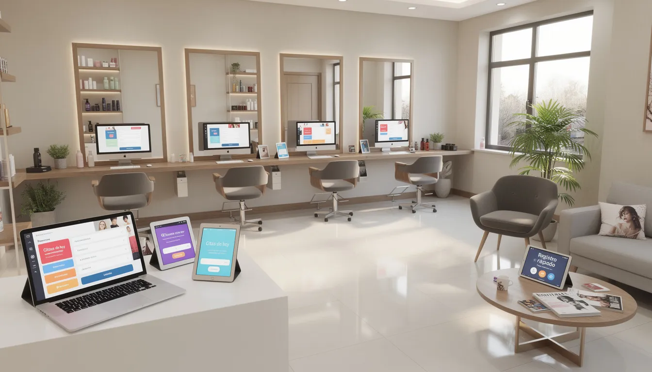 El interior de un salón de belleza moderno muestra un ambiente elegante, con computadoras y tablets que facilitan la gestión digital del negocio. Este espacio está diseñado para optimizar la experiencia del cliente y mejorar la visibilidad del salón en plataformas como Google y redes sociales.