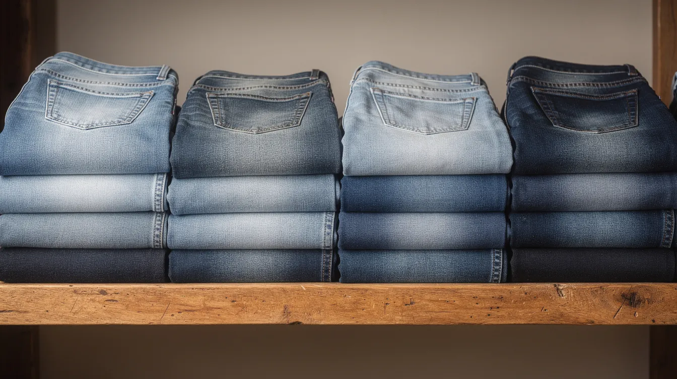 A neatly arranged collection of folded denim jeans in various shades of blue is displayed on a wooden shelf, showcasing styles such as straight leg jeans, skinny jeans, and baggy jeans. The assortment highlights the versatility of men's jeans, perfect for everyday wear and personal style preferences.